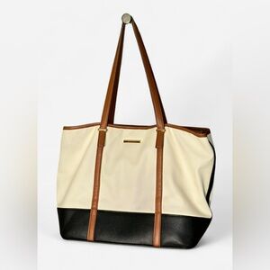 SOLD Anne Klein Cream and Black Tote with Tan Straps